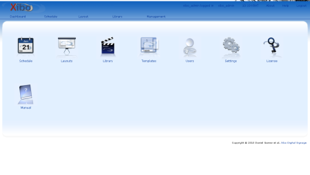 Xibo Dashboard - Schedule. Layouts, Library, Templates, Users