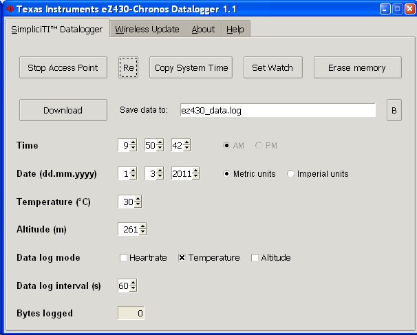 TI eZ430 Datalogger configure to record temperature data
