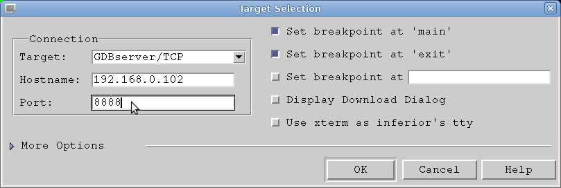 GDB Insight for ARM select target board