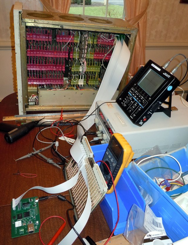 PDP-8L (Background) Connected to Emcraft Smartfusion Kit (Bottom Left) via a Wire Wrap Board (Bottom Center) 