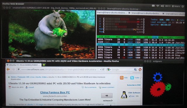 Totem (1080p Video) + Firefox + es2gears + htop running in Ubuntu 11.10 on Hi802 (Click to Enlarge)