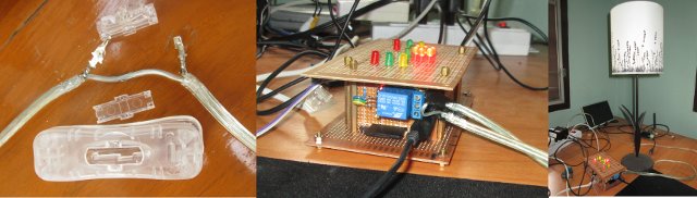 Left: Disassembled switch, middle, connection to relay, right: Raspberry Pi and Lamp (Click to Enlarge)