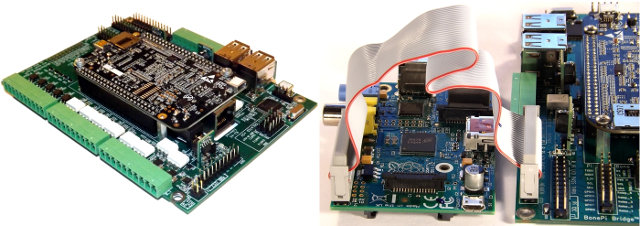 MotherBone PiOne Connection with the BeagleBone Black (Left) and the Raspberry Pi (Right)