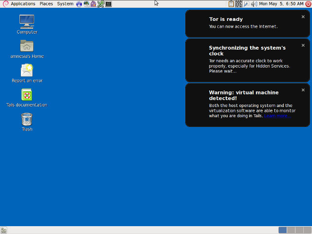 Tails Desktop after First Boot (Click to Enlarge)