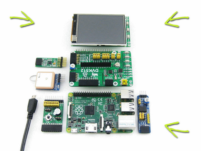 Top to Bottom, Left to Right: 3.2" Toucjscreen, DVK512 board, Mix Board, R-Pi B+, and 