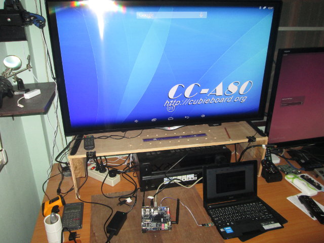 Cubieboard 4 connected to UHD TV and Ubuntu Laptop for Serial Console Access (Click to Enlarge)