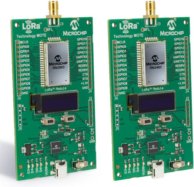 US and EU versions of Microchip LoRa Technology Motes (Click to Enlarge)