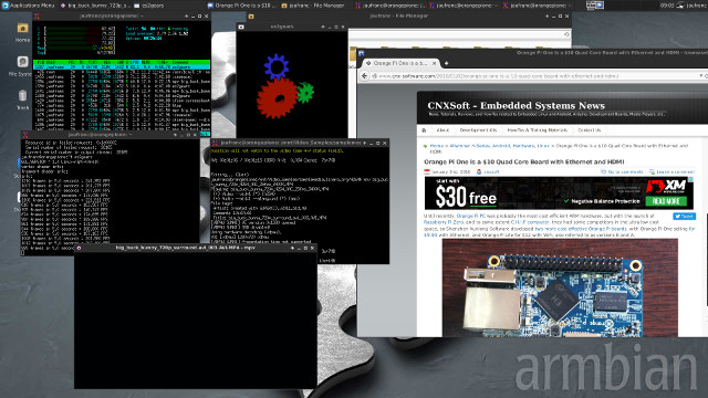 Orange Pi One Running Iceweasel, es2gears, and mpv - Click to Enlarge