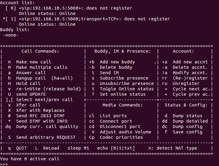 Figure 6: PJSUA command-line interface (Click to Enlarge)