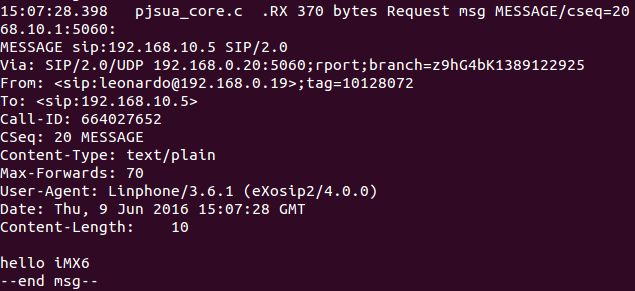 Figure 10: Message received by the Colibri iMX6 embedded system