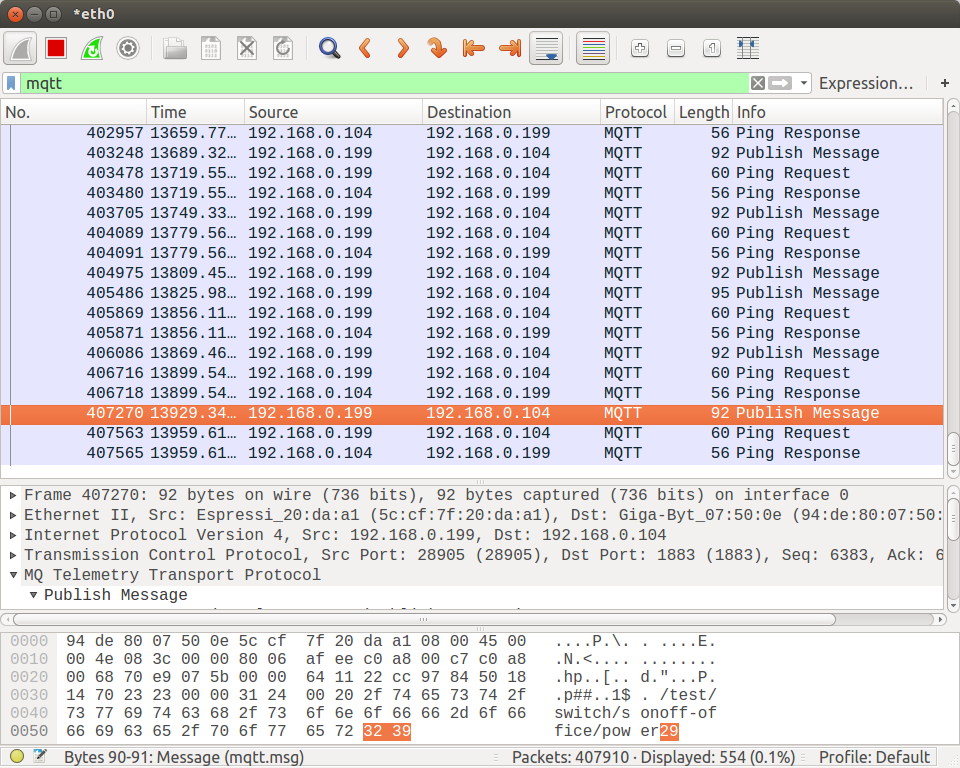 Wireshark MQTT Capture - Click to Enlarge