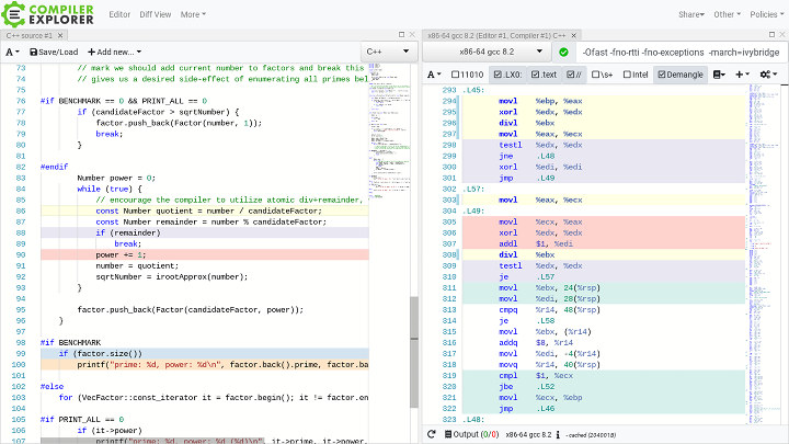 Compiler Explorer Disassembly Divisions