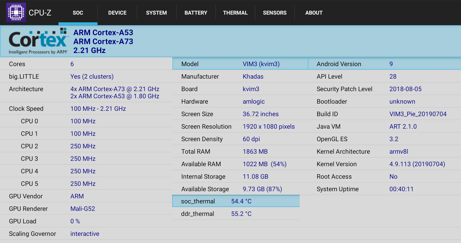 Khadas VIM3 Amlogic A311D CPU-Z