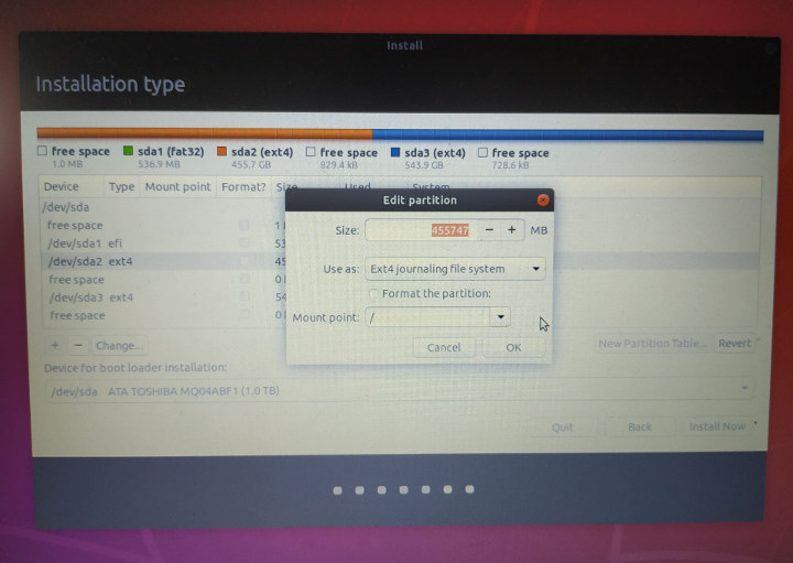 Ubuntu 18.04 reinstallation partition selection