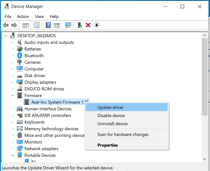 Device Manager: Firmware->Acer Inc System Firmware