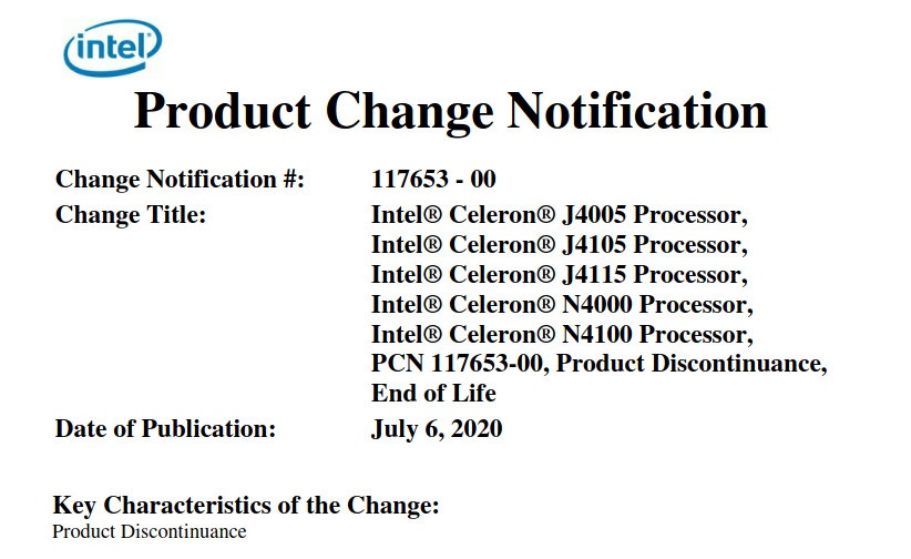 Gemini Lake Product Discontinuance