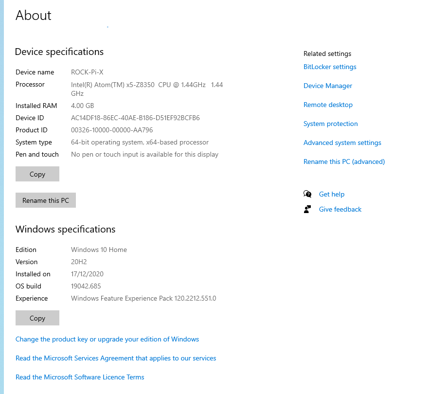  Rock Pi X windows 10 info 