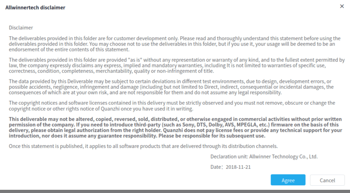 Allwinner SDK Disclaimer