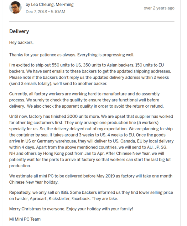 Mi Mini PC Delivery Message