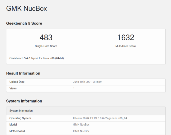 GMK NucBox ubuntu geekbench 5 CPU