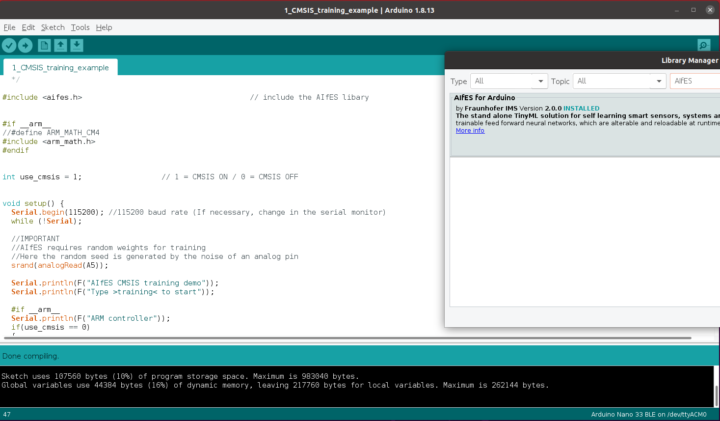 AIfES for Arduino CMSIS AI training example