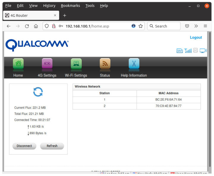 Interfaz web Qualcomm 4G WiFi Hotspot