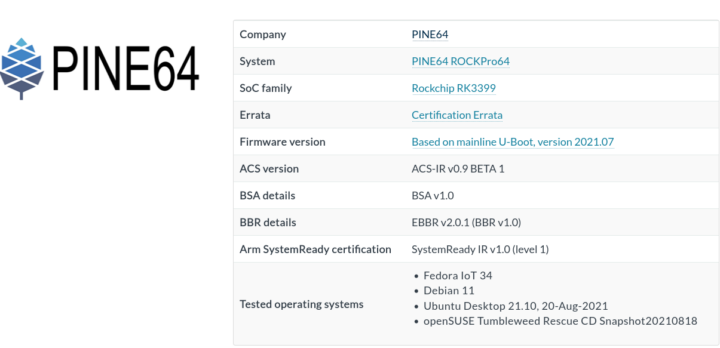 RockPro64 RK3399 Arm SystemReady IR certification