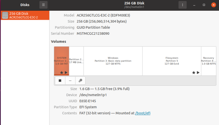 ubuntu disk management with 256GB SSD