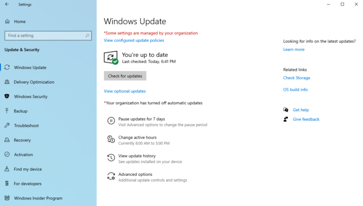 Windows update: some settings are managed by your organization