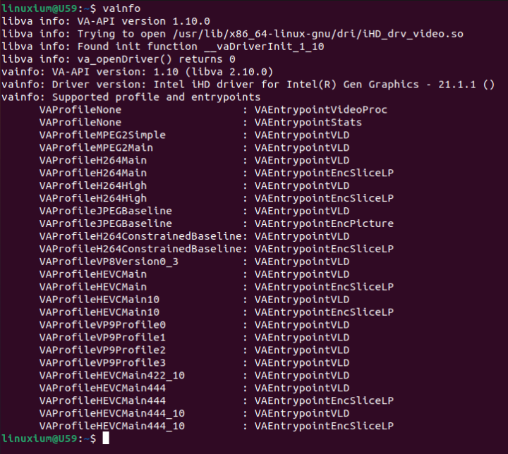 Jasper Lake vainfo ubuntu 21.04 hirsute