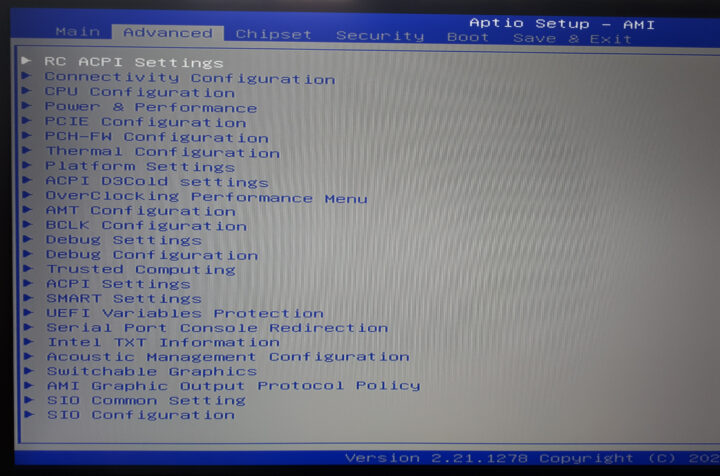 Aptio Setup bios advanced