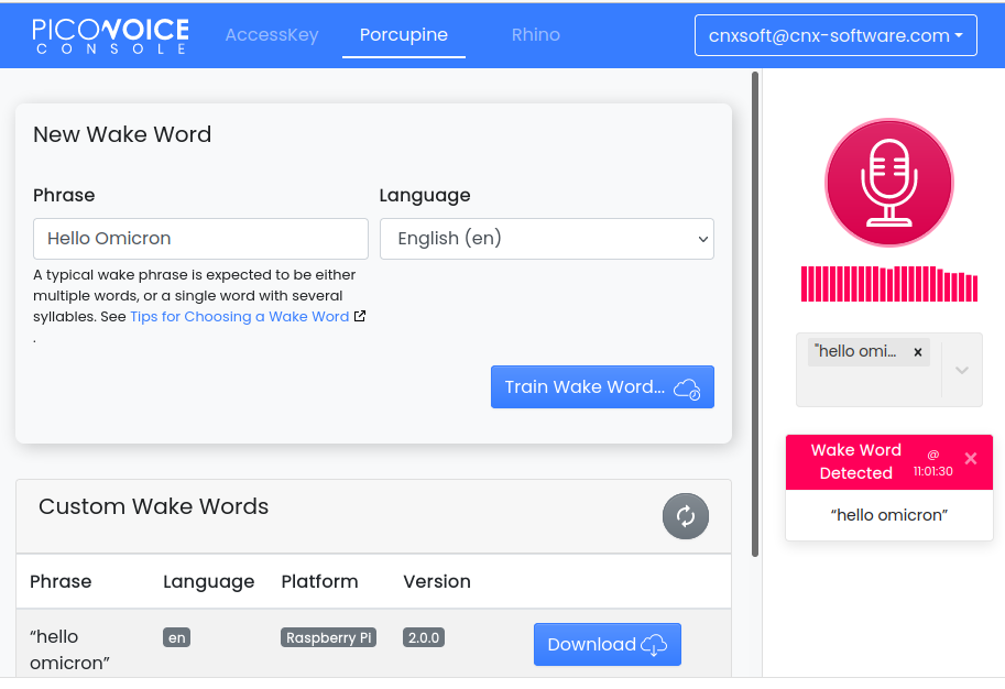 PicoVoice Console Custom Wake Word