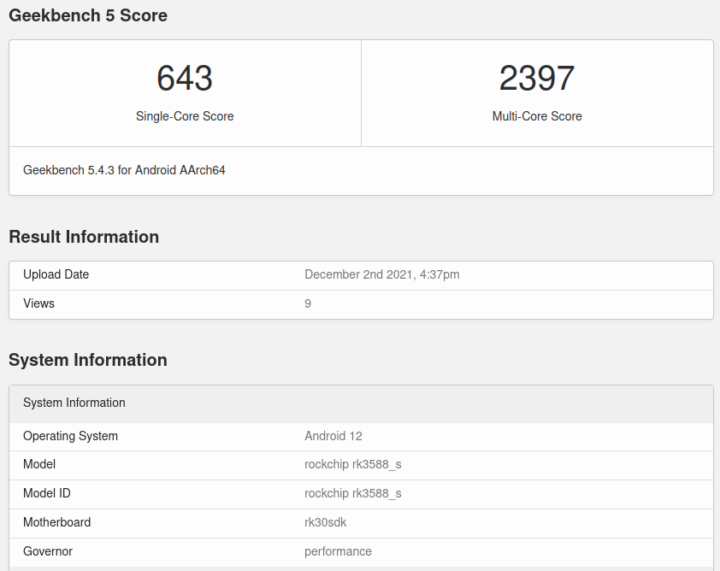 Rockchip RK3588 Geekbench v5