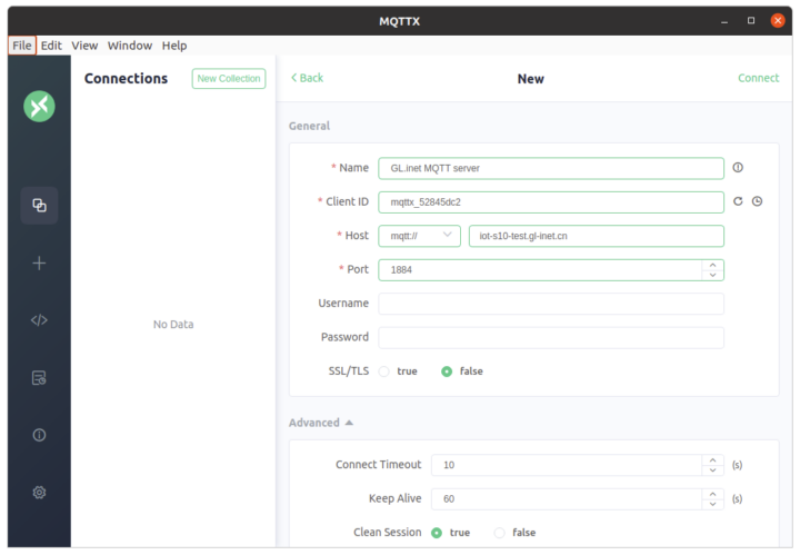 MQTTX-New-Connection GL.Inet Test Server