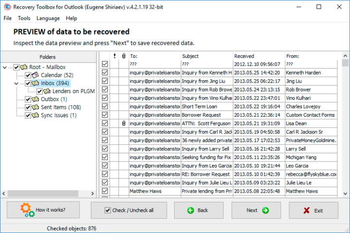 preview of email data recovery