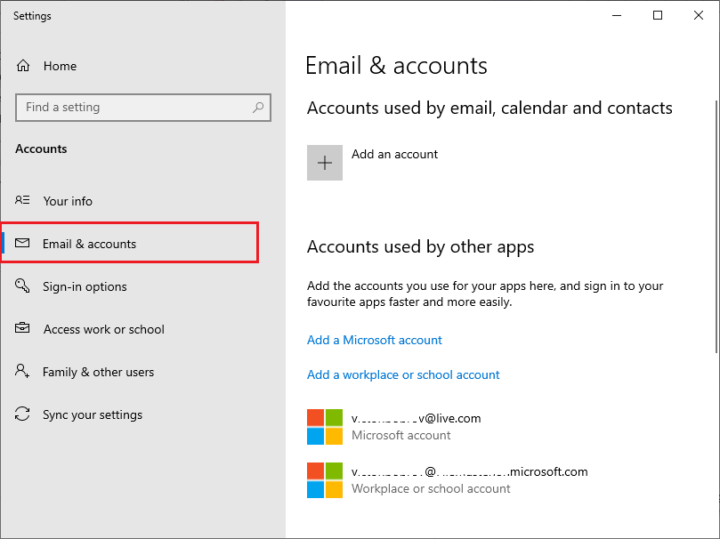windows 10 emails and accounts