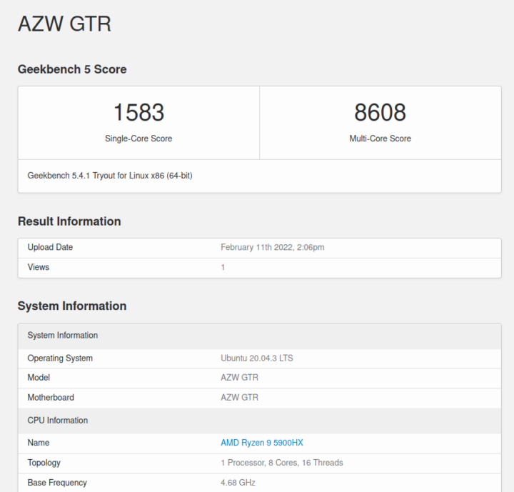 AZW GTR ubuntu geekbench 5 cpu