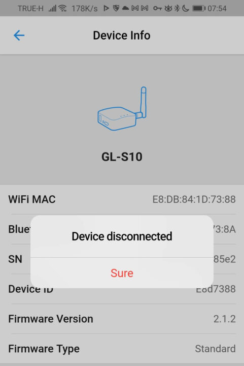 GL-S10 device disconnected