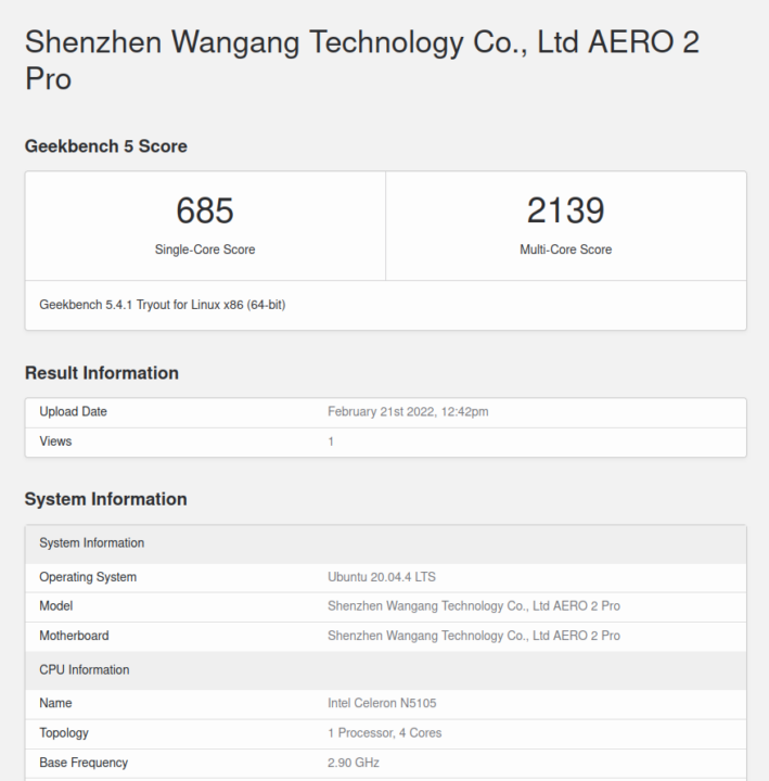 Shenzhen Wangang Technology AERO 2 Pro ubuntu geekbench 5 cpu