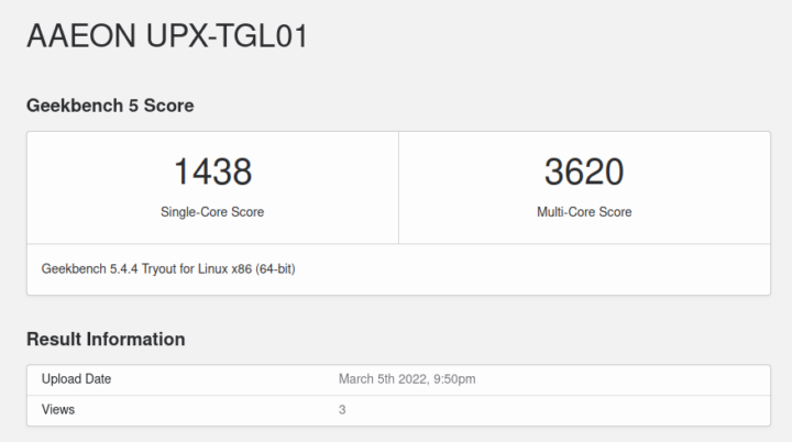 GeekBench 5 AAEON UPX-TGL01