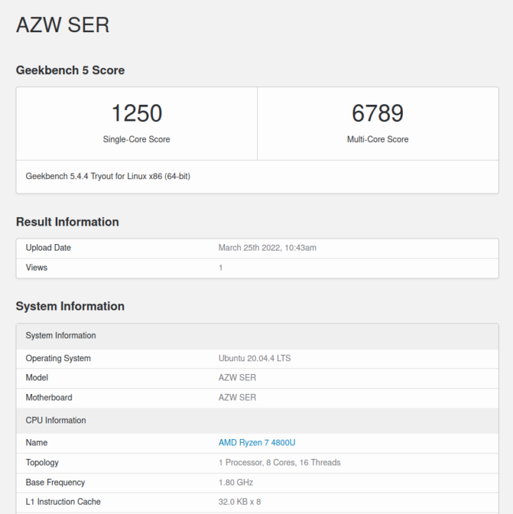 AZW SER 4 ubuntu geekbench 5 cpu