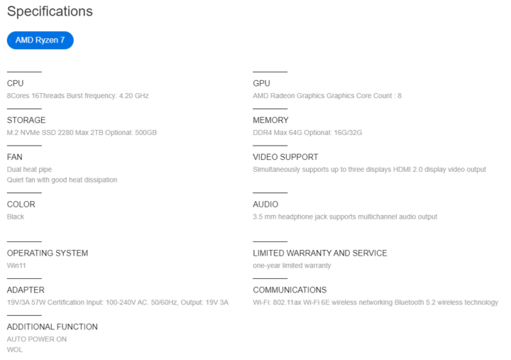 Beelink SER4 specifications