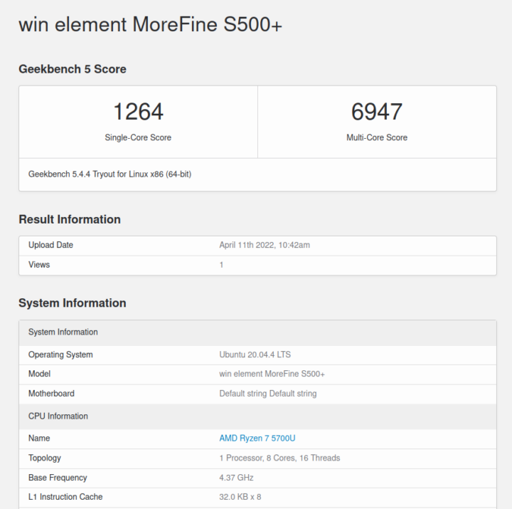 win element MoreFine-S500+-ubuntu geekbench 5 cpu