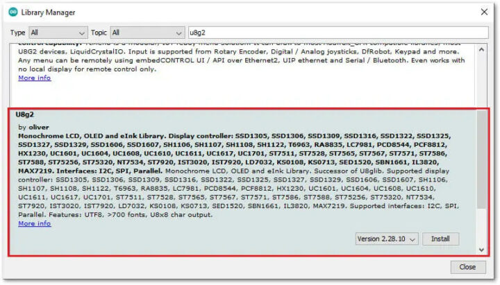 Arduino U8g2 library installation