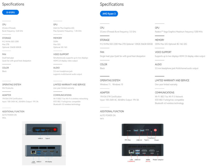 Intel Core-i3 8109U vs AMD-Ryzen-3 mini pc specifications