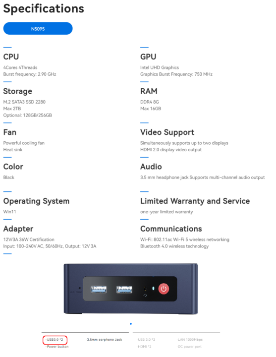 Beelink MINI S specifications