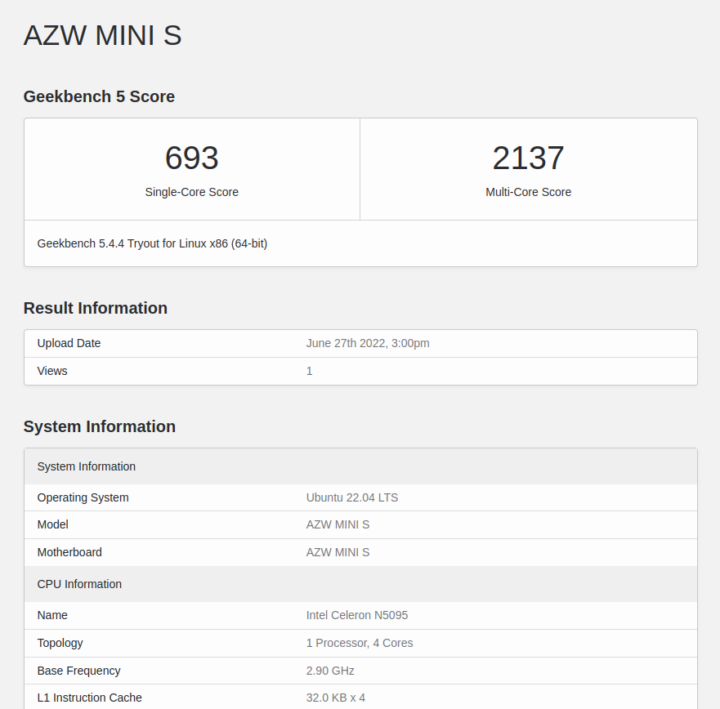 Beelink MINI S ubuntu 22.04 geekbench 5 cpu