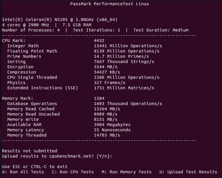 Celeron N5105 ubuntu cpu-passmark performancetest