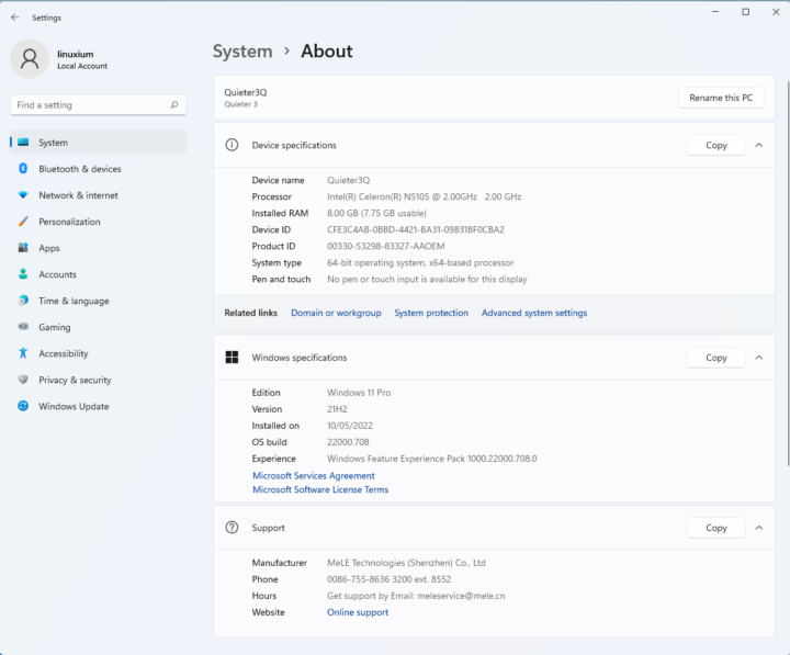 MeLE Quieter3Q Windows 11 System info