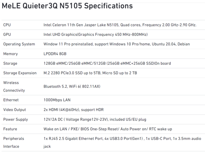 MeLE Quiter3Q specifications